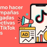 "Gráfico digital en 2D con el texto 'Cómo hacer campañas pagadas efectivas en TikTok Ads' en letras blancas sobre un fondo rojo coral. A la derecha, un teléfono con el logo de TikTok, un megáfono, un símbolo de dólar y un gráfico de barras con flecha ascendente, representando conceptos de publicidad y crecimiento."